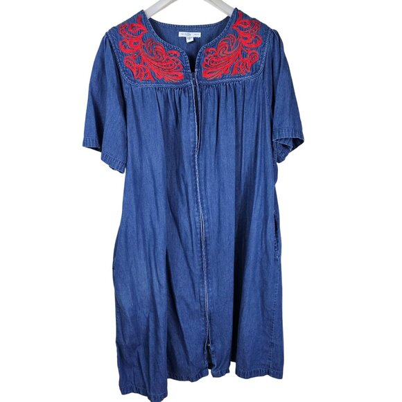 Go Softly Zip Patio Dress 1X Blue Red Pockets Embroidered Cottagecore - Picture 1 of 8